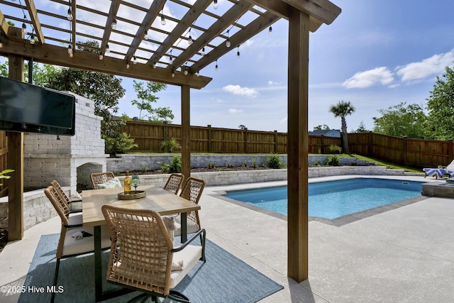view of pool featuring a pergola, a patio, a fenced in pool, and a fenced backyard