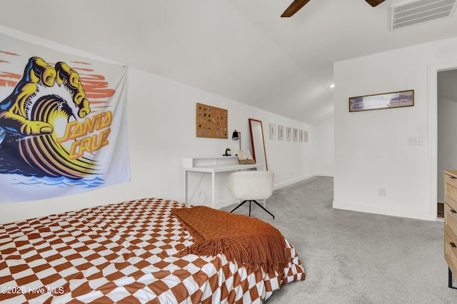 bedroom featuring lofted ceiling, carpet, visible vents, a ceiling fan, and baseboards