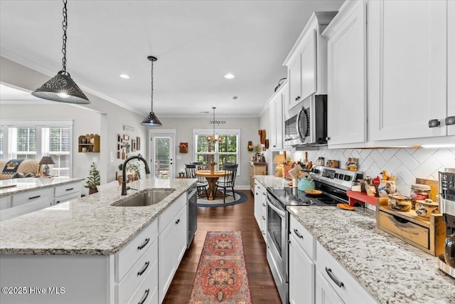 549 Abbey Rd, Carthage, NC 28327 - kitchen with appliances with stainless steel finishes, a sink, crown molding, recessed lighting, and dark wood-style floors