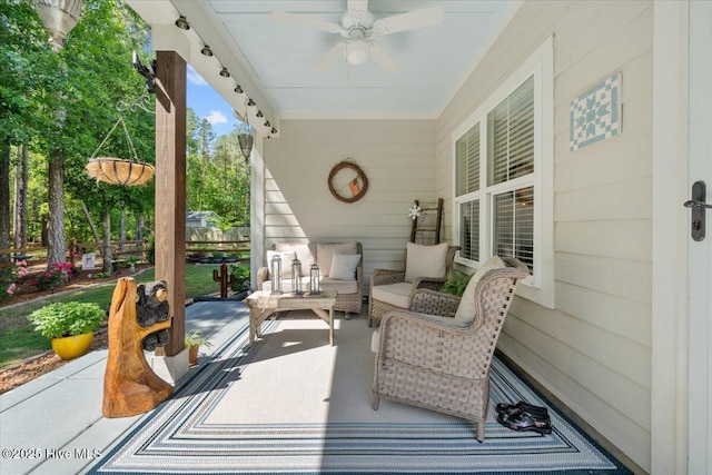 549 Abbey Rd, Carthage, NC 28327 - view of patio featuring ceiling fan, an outdoor living space, and fence