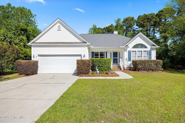 single story home with a front lawn, roof with shingles, a chimney, an attached garage, and driveway