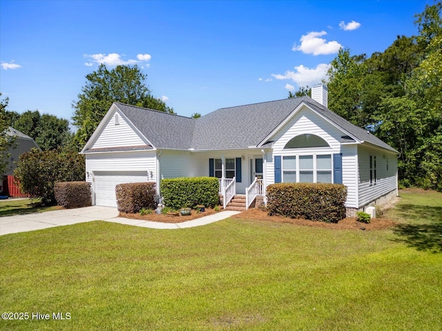 ranch-style home with a shingled roof, a garage, a front yard, a chimney, and concrete driveway