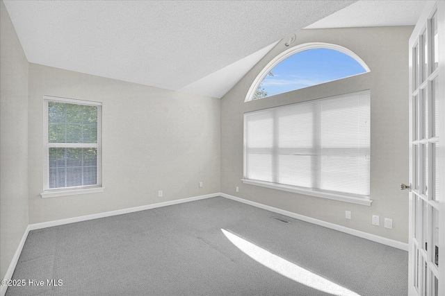 carpeted empty room featuring a textured ceiling, baseboards, and lofted ceiling