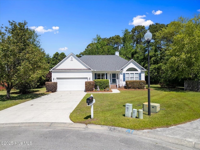 single story home featuring an attached garage, a chimney, driveway, and a front yard