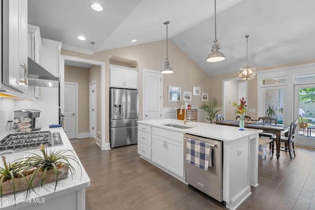 9036 Island Rider Ct NE, Leland, NC 28451 - kitchen featuring dark wood-type flooring, wall chimney exhaust hood, a sink, hanging light fixtures, and stainless steel appliances