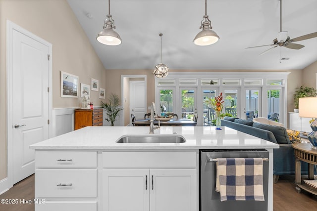 9036 Island Rider Ct NE, Leland, NC 28451 - kitchen with ceiling fan, dishwasher, a sink, dark wood-style floors, and open floor plan
