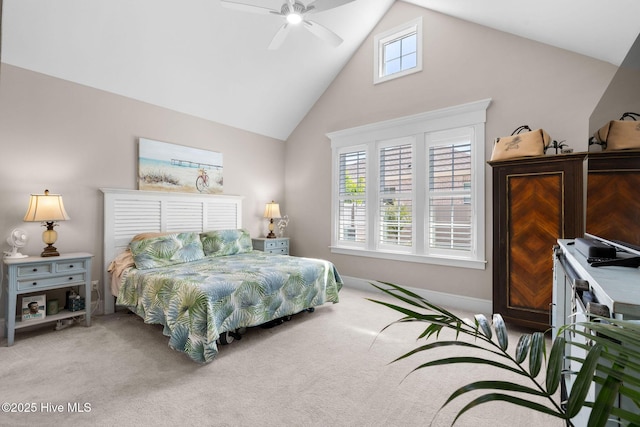 9036 Island Rider Ct NE, Leland, NC 28451 - bedroom featuring high vaulted ceiling, ceiling fan, and carpet