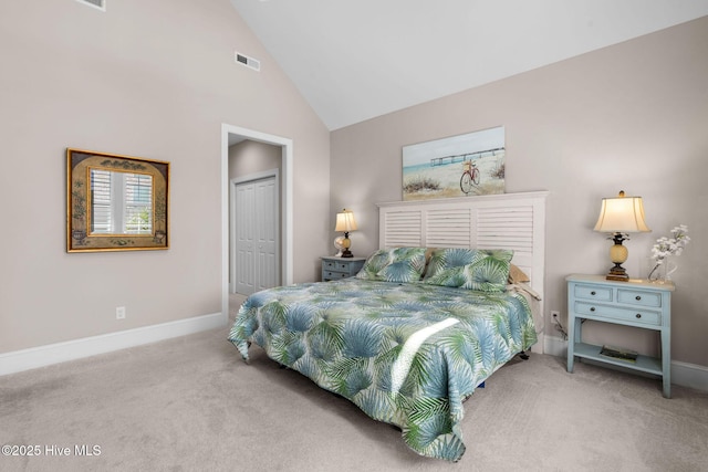 9036 Island Rider Ct NE, Leland, NC 28451 - bedroom with carpet floors, high vaulted ceiling, baseboards, visible vents, and a closet