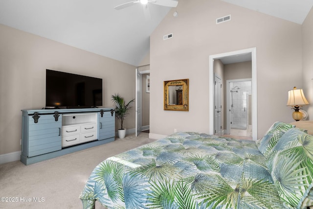 9036 Island Rider Ct NE, Leland, NC 28451 - bedroom featuring high vaulted ceiling, baseboards, light carpet, and visible vents