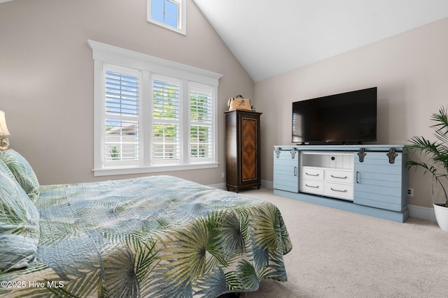 9036 Island Rider Ct NE, Leland, NC 28451 - bedroom featuring baseboards, light carpet, and high vaulted ceiling