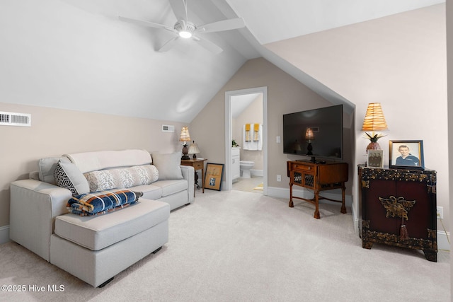 9036 Island Rider Ct NE, Leland, NC 28451 - living area featuring a ceiling fan, visible vents, vaulted ceiling, baseboards, and carpet
