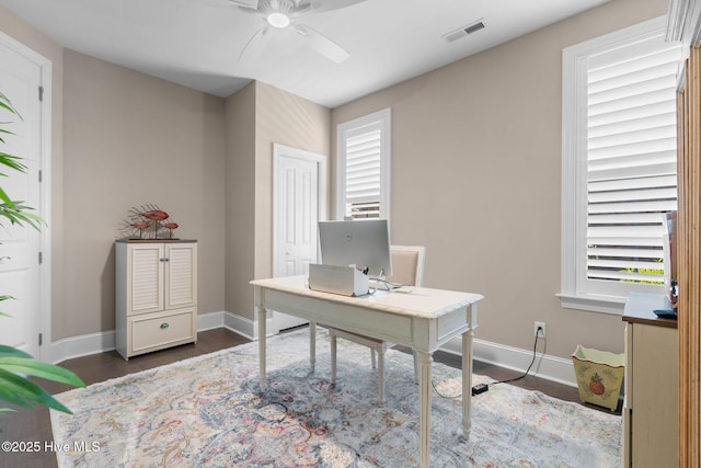 9036 Island Rider Ct NE, Leland, NC 28451 - office area with visible vents, a ceiling fan, baseboards, and dark wood finished floors