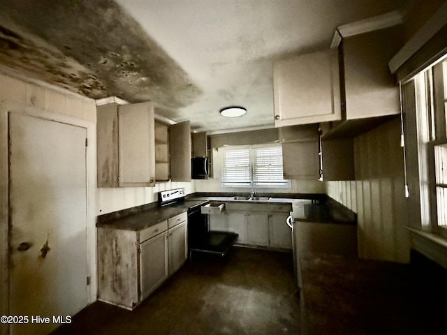 kitchen featuring dark countertops, dark wood finished floors, a sink, stainless steel microwave, and electric stove