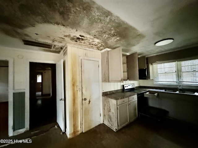 kitchen with range with electric stovetop, visible vents, dark countertops, a sink, and stainless steel microwave