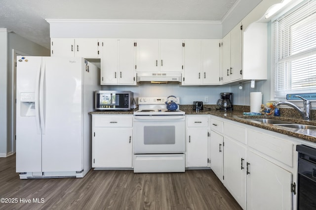 kitchen featuring a sink, dark wood-style flooring, white appliances, and white cabinetry