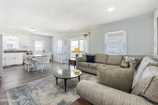 living area featuring baseboards, ornamental molding, and dark wood-style flooring