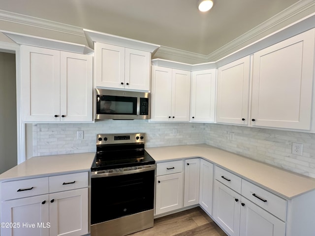kitchen featuring light countertops, appliances with stainless steel finishes, white cabinets, and ornamental molding