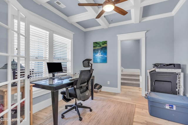 office space featuring a ceiling fan, visible vents, wood finished floors, beam ceiling, and coffered ceiling