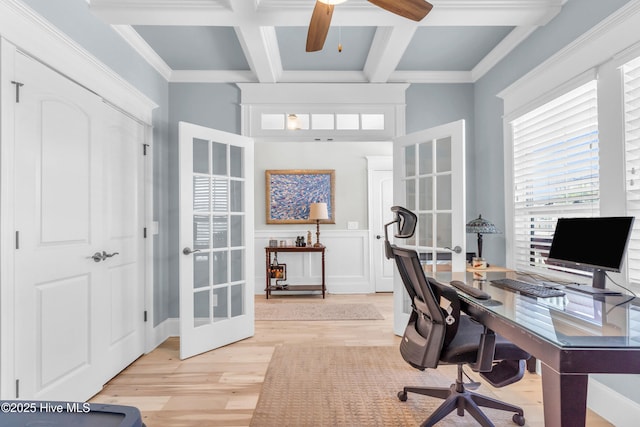 office area featuring beam ceiling, light wood-style floors, french doors, a ceiling fan, and coffered ceiling