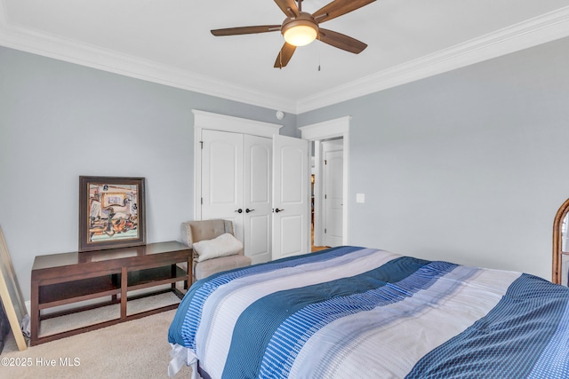 carpeted bedroom featuring crown molding, a ceiling fan, and a closet