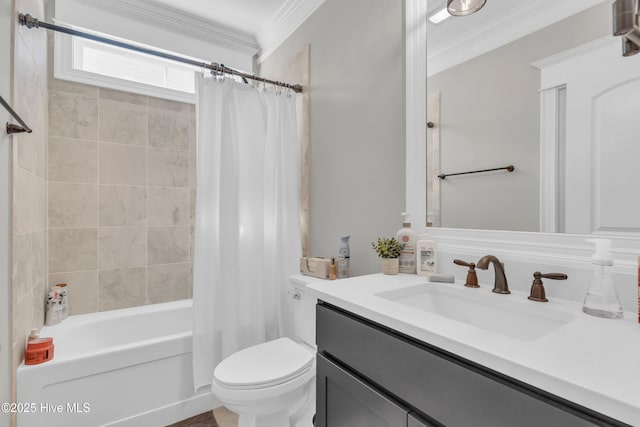 bathroom featuring crown molding, vanity, toilet, and shower / tub combo with curtain