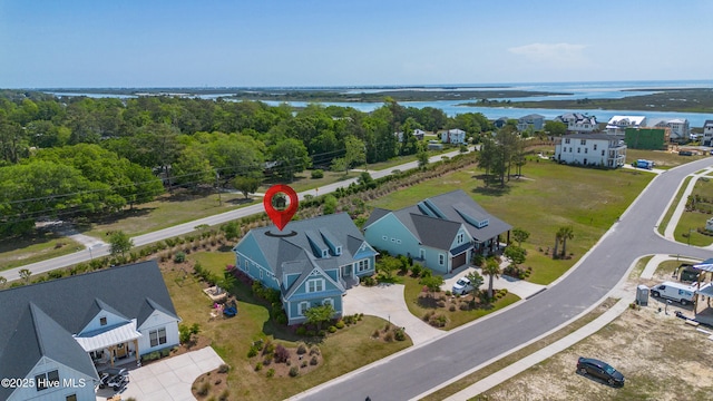 aerial view featuring a water view