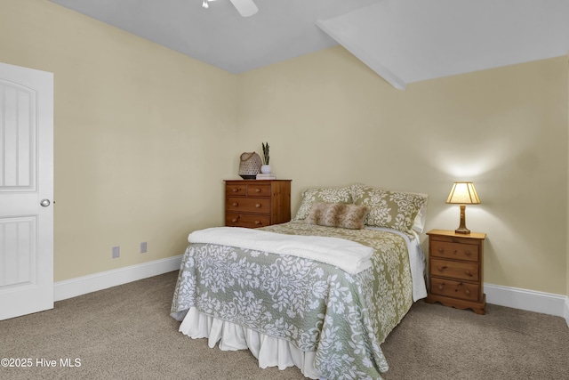 carpeted bedroom with baseboards and ceiling fan