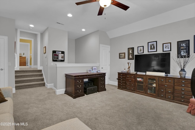 carpeted living area with a ceiling fan, baseboards, lofted ceiling, recessed lighting, and stairs