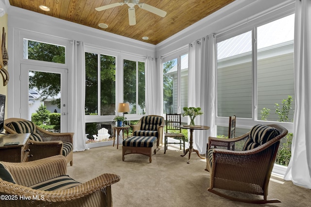 sunroom / solarium with carpet floors and wood ceiling