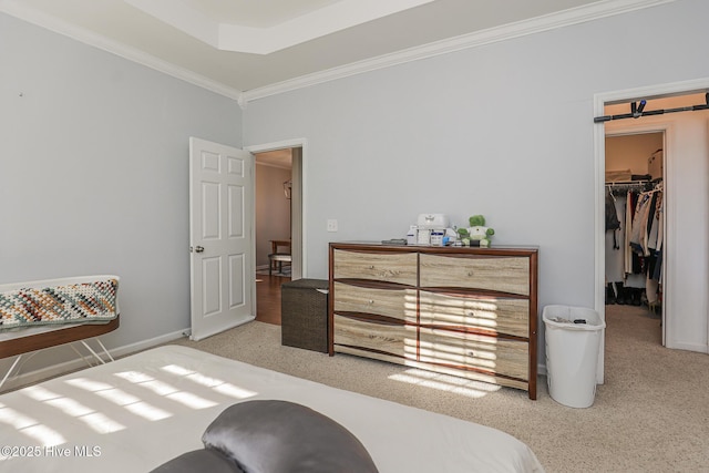 bedroom with a walk in closet, carpet floors, baseboards, ornamental molding, and a closet