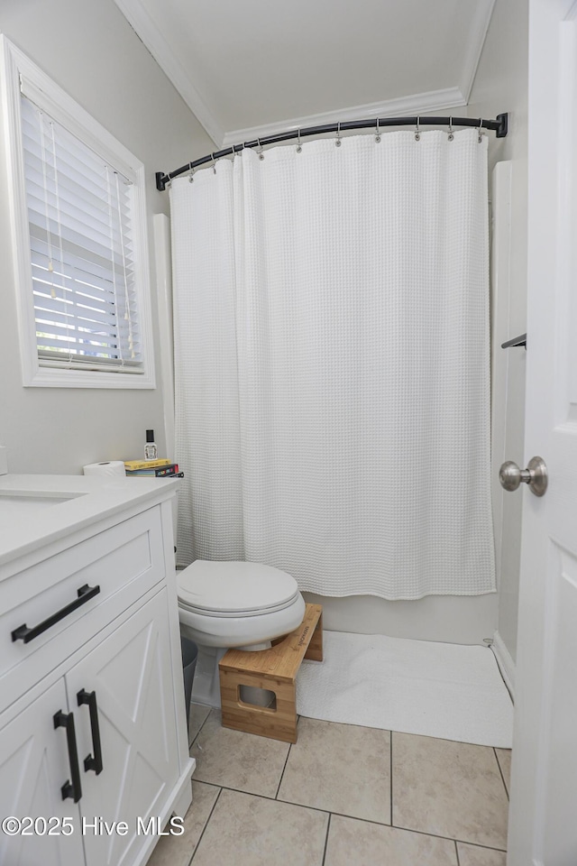 full bath with vanity, ornamental molding, tile patterned flooring, and toilet