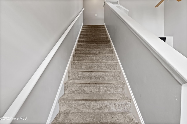 stairs with carpet and ceiling fan