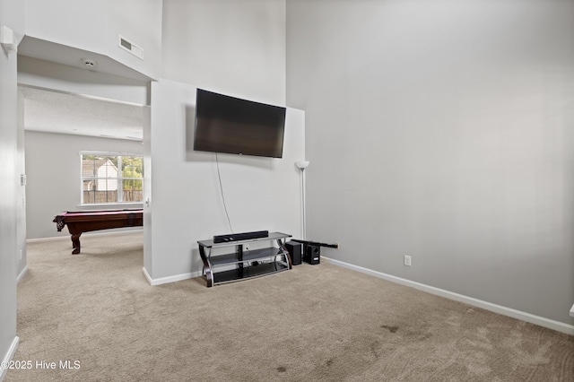 interior space featuring pool table, visible vents, baseboards, and carpet