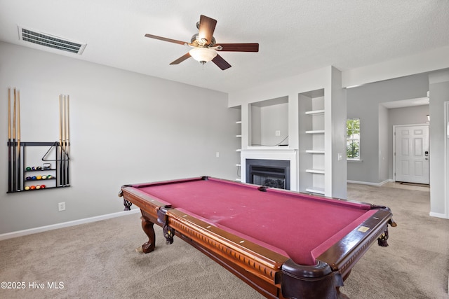 game room featuring visible vents, carpet, ceiling fan, and pool table