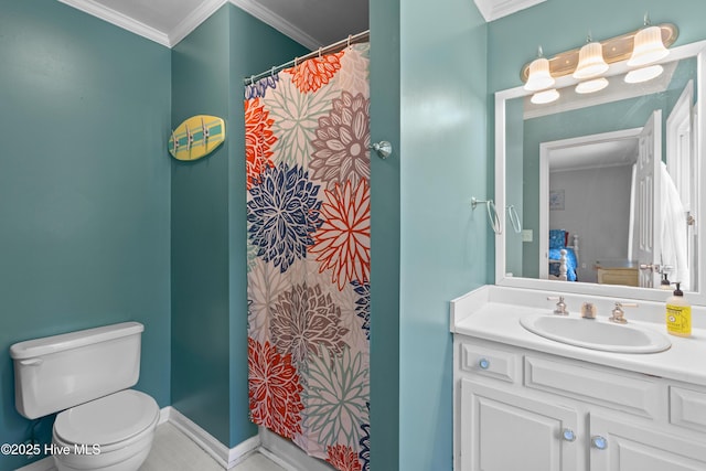 703 Baby Doe Cir, Hampstead, NC 28443 - bathroom featuring vanity, ornamental molding, a shower with shower curtain, and toilet