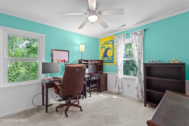 703 Baby Doe Cir, Hampstead, NC 28443 - office area featuring visible vents, ornamental molding, carpet, and ceiling fan