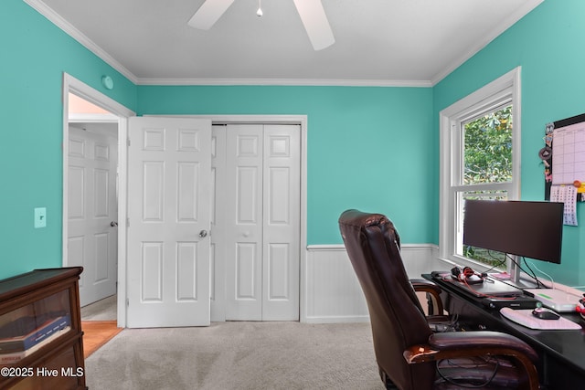703 Baby Doe Cir, Hampstead, NC 28443 - office area featuring crown molding, a ceiling fan, carpet, and a wainscoted wall