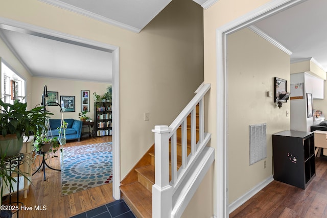 703 Baby Doe Cir, Hampstead, NC 28443 - staircase with baseboards, ornamental molding, wood finished floors, and visible vents