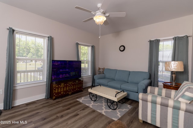 151 Windsor Ln, Edenton, NC 27932 - living area with baseboards, ceiling fan, wood finished floors, and visible vents