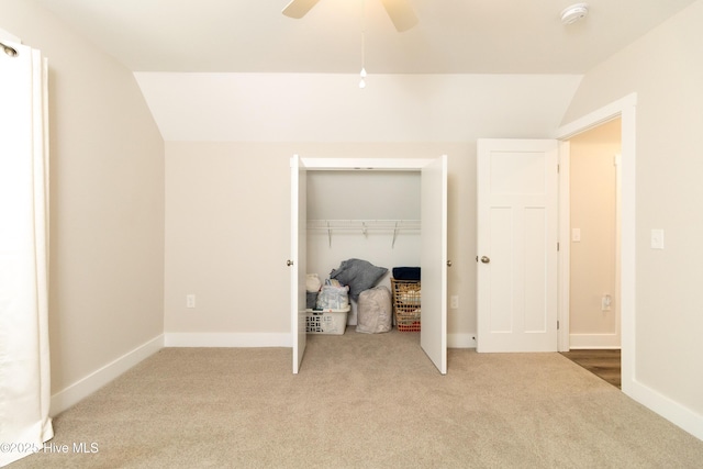 151 Windsor Ln, Edenton, NC 27932 - unfurnished bedroom with ceiling fan, baseboards, a closet, lofted ceiling, and carpet