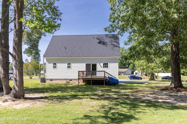151 Windsor Ln, Edenton, NC 27932 - rear view of property featuring a lawn, a shingled roof, a wooden deck, and crawl space