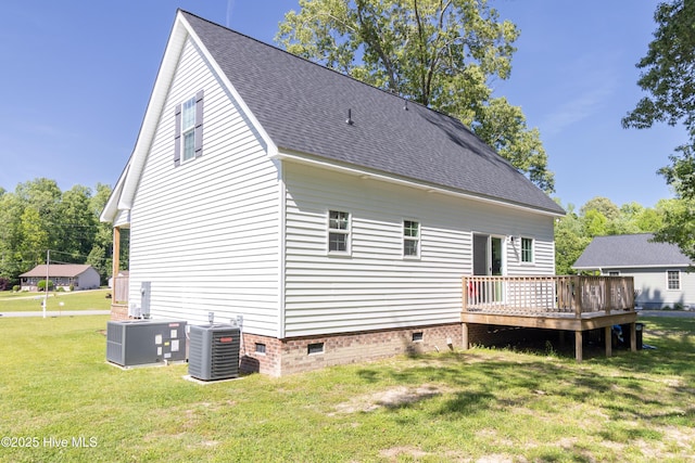 151 Windsor Ln, Edenton, NC 27932 - rear view of property featuring a wooden deck, cooling unit, roof with shingles, crawl space, and a yard