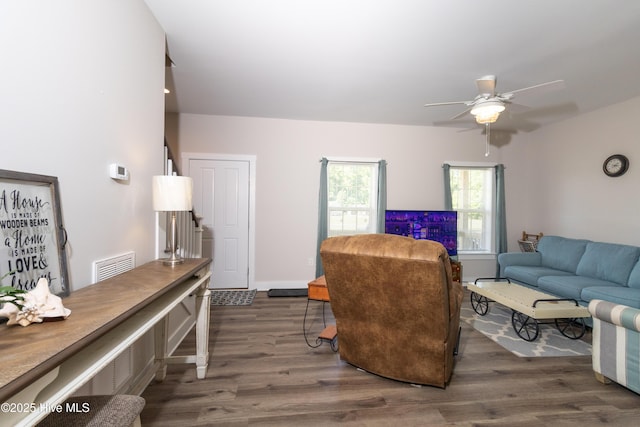 151 Windsor Ln, Edenton, NC 27932 - living room with visible vents, a ceiling fan, and wood finished floors