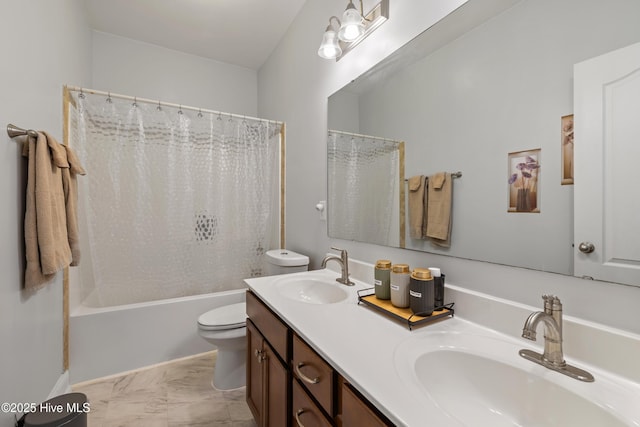 full bathroom with toilet, double vanity, marble finish floors, and shower / bath combo with shower curtain