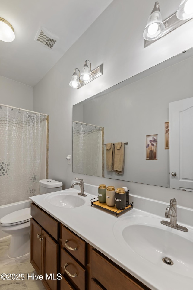 full bathroom featuring toilet, double vanity, shower / bath combination with curtain, and tile patterned flooring