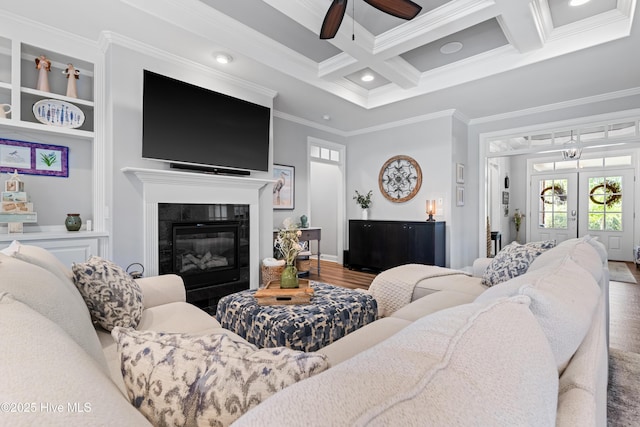2465 Meridian Rd NE, Leland, NC 28451 - living area featuring ceiling fan, crown molding, wood finished floors, beamed ceiling, and coffered ceiling