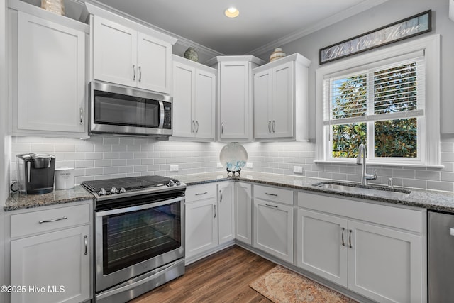 2465 Meridian Rd NE, Leland, NC 28451 - kitchen featuring a sink, white cabinetry, ornamental molding, and stainless steel appliances