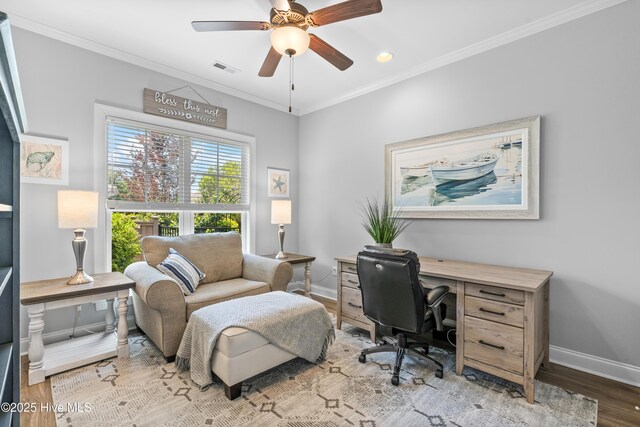 2465 Meridian Rd NE, Leland, NC 28451 - office area featuring baseboards, ornamental molding, a ceiling fan, and wood finished floors