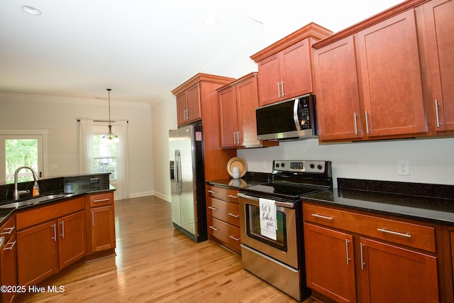 4 Cordelia Way, Vass, NC 28394 - kitchen with pendant lighting, light wood-type flooring, a sink, ornamental molding, and stainless steel appliances