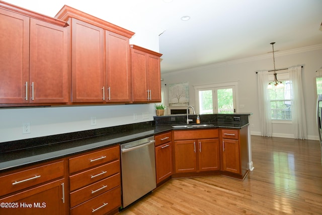 4 Cordelia Way, Vass, NC 28394 - kitchen featuring a sink, ornamental molding, stainless steel dishwasher, and a peninsula